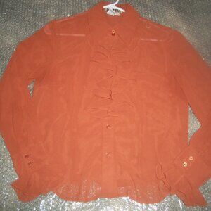 womens semi-sheer blouse.ruffled chest.button front.FORENZA.Size 8.medium